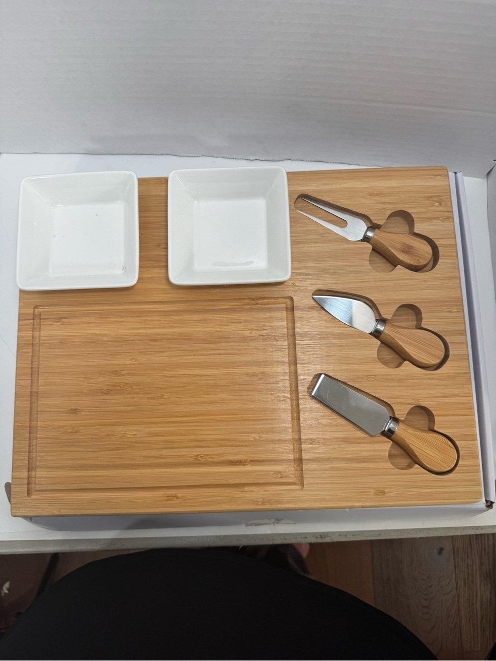 Bamboo Cheese Serving Board Set with White Dishes and Stainless Cheese Knives
